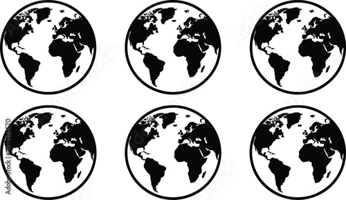 Black and white vector illustration of multiple earth globes with different views