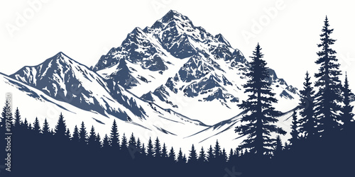 An illustration of a mountain peak with a snowy summit and rocky base