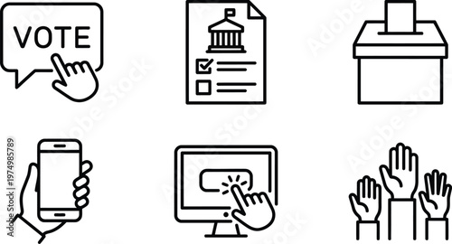 Vector graphic illustration of various voting icons and symbols used for elections and democratic processes online
