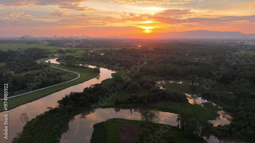 Aerial Labuh Banting River Sunset Over Meandering Wetlands