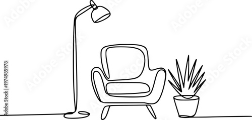 Minimalist single line of armchair floor lamp and potted plant white background