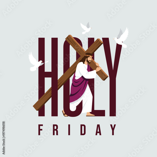 Jesus Christ carrying the cross flat vector illustration for Good Friday and Holy Week