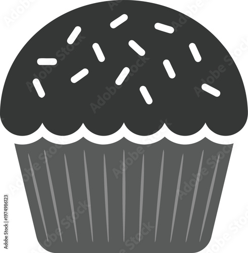 Vector graphic illustration of a chocolate cupcake with sprinkles on top and a gray wrapper