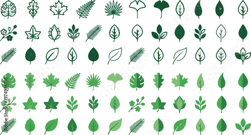 Green leaf icons, vector foliage symbols, eco friendly graphics, nature illustrations