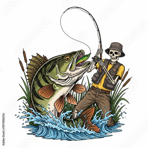 Skeleton fisherman catching a large perch fish in the lake with vintage woodcut style illustration