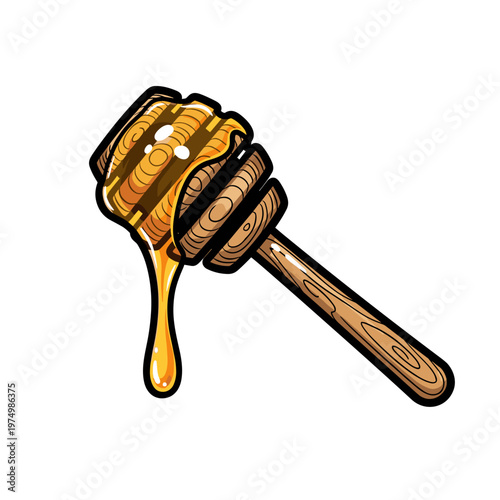 Wooden honey dipper with dripping honey in bold graphic vector illustration