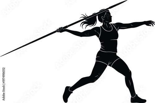 Female Javelin Throw Athlete Silhouette Vector Illustration Track and Field Sports Woman Throwing Spear Minimal Action Pose Design Isolated on White Background
