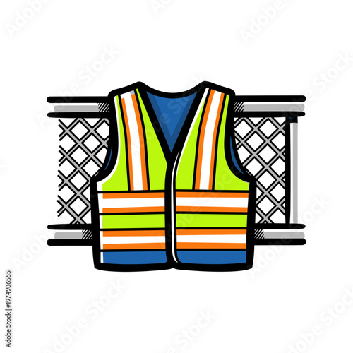 Reflective work vest on construction fence in bold graphic vector illustration