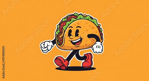 A cartoon taco character with arms, legs, and a face walks across an orange background