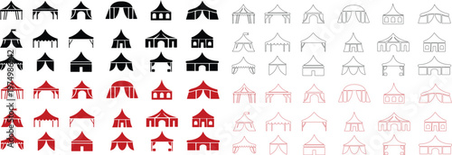 Event tent canopy pavilion icon set collection group in black red flat and line style vector illustration, camping shelter marquee gazebo awning symbol pack minimal outline design bundle
