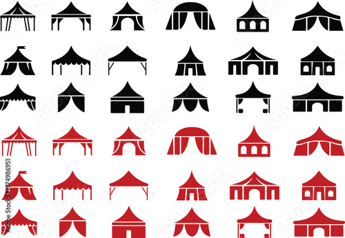 Event tent canopy pavilion icon set collection group in black red flat and line style vector illustration, camping shelter marquee gazebo awning symbol pack minimal outline design bundle