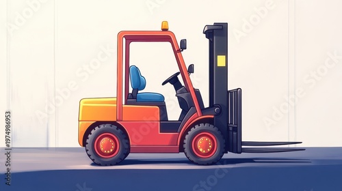 A stylized, cartoonlike illustration of a bright orange and red forklift truck with a blue seat, ready for warehouse work
