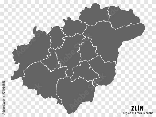 Blank map of Zlin Region. High quality map Zlin Region with municipalities on transparent background for your web site design, app, UI. Czech Republic. EPS10.