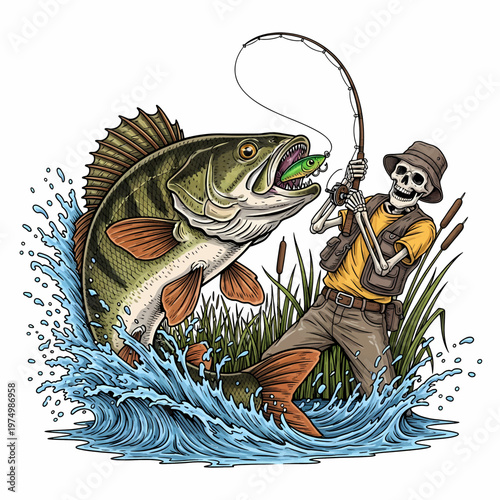 Skeleton fisherman catching a large perch fish in the lake with vintage woodcut style illustration