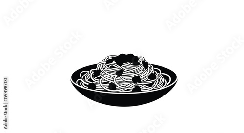 A black and white illustration depicts a plate of spaghetti with meatballs simply rendered high quality