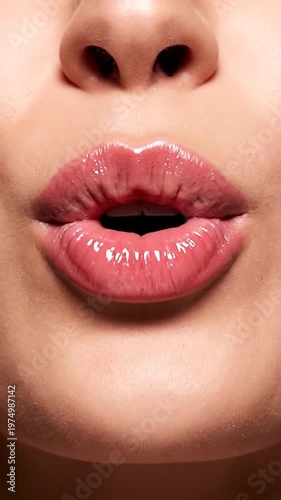 A close up view of a smiling human mouth showing healthy white teeth and glossy pink lips