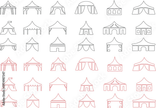 Event tent canopy pavilion icon set collection group in black red flat and line style vector illustration, camping shelter marquee gazebo awning symbol pack minimal outline design bundle