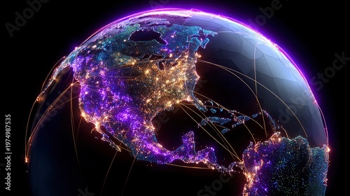 Digital Earth globe with glowing network lines representing global connectivity and data transfer over North America