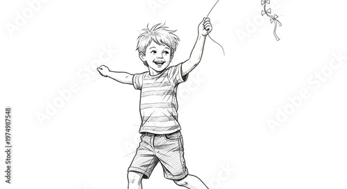 Happy boy flying a kite in a sketch style