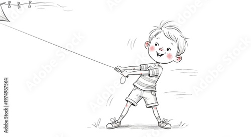 Happy boy flying kite on a windy day