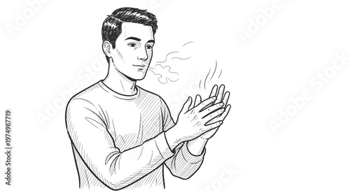 Man rubbing hands together to warm them up, exhaling warm breath in cold weather