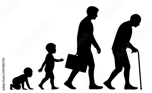 Human evolution from baby to elderly man showing aging process silhouette vector isolated on white background