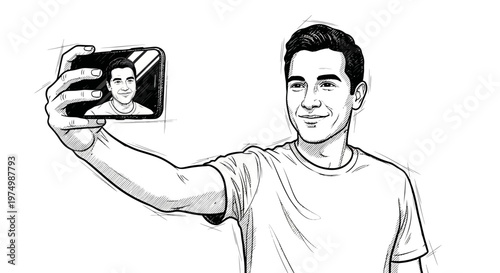 Man taking a selfie with smartphone, black and white sketch