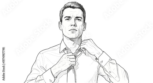 Man tying necktie, business attire, formal wear, white shirt, serious expression, studio shot