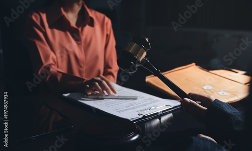Quadro su tela Consultation and conference of professional businesswoman and Male lawyers working and discussion having at law firm in office