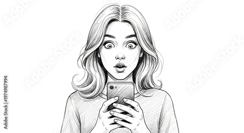 Surprised young woman looking at her smartphone with wide eyes and open mouth