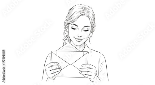 Woman holding envelope, happy expression, receiving mail, sketch style