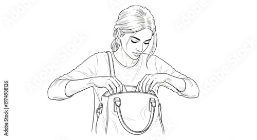 Woman searching in handbag, line art illustration