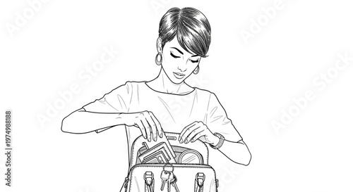 Woman with short hair searching in her handbag