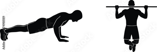 Bodyweight Fitness Silhouette Set with Man Doing Pushups and Pullups for Gym Workout, Calisthenics Strength Training, and Street Workout Concept Isolated on White Background.