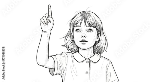 Young girl pointing finger up, idea, question, learning, education, knowledge, inspiration