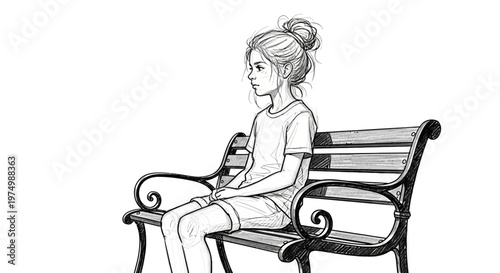 Young girl sitting on park bench, looking away thoughtfully