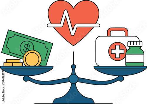 Healthcare cost illustration, balance scale with money and medical items heart first aid kit and medicine bottles minimalist flat design isolated white