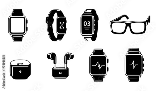 A set of modern wearable technology and accessory vector icons