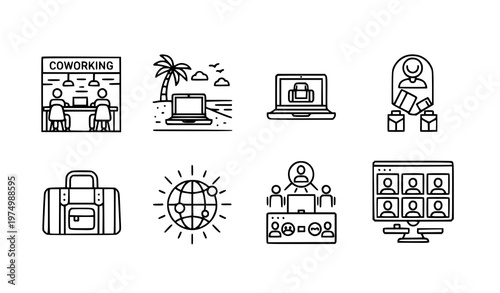 A set of modern line art icons representing remote work and coworking concepts