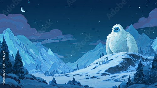 A cartoon-style yeti stands in a snowy mountain scene beneath a starry night sky.

