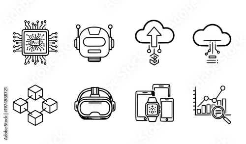 A set of modern technology icons in a minimalist line art style