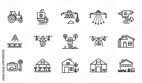 A set of modern line art icons depicting various farming and agricultural concepts
