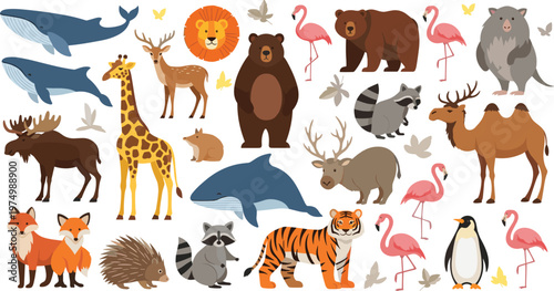 Cute Wild Animals and Marine Life Collection with Lion, Bear, Giraffe, Whale, Dolphin, Fox, Penguin and More Flat Vector Illustrations for Kids Design.