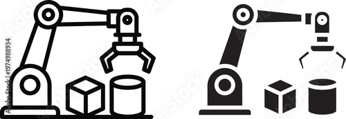 Industrial robotic arm icon set for automated assembly line smart factory manufacturing