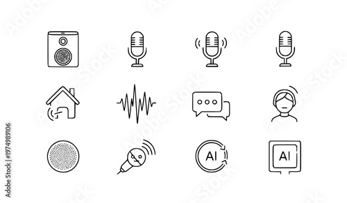 A set of minimalist icons representing voice assistants and smart home technology