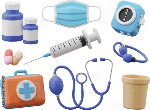 Medical supplies illustration, 3D healthcare items set with pills syringe mask stethoscope first aid kit realistic cartoon style isolated on white