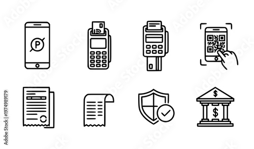 A set of eight black and white vector icons depicting various payment methods