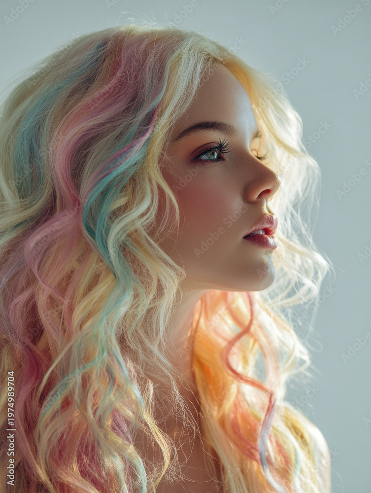 Fototapeta premium Profile portrait of a young woman with long curly hair dyed in pastel shades of pink, blue, and blonde, illuminated by soft natural light against a neutral backgroun