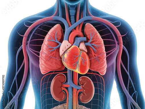Human anatomy illustration, 3D cardiovascular and respiratory system with heart lungs and kidneys detailed medical visualization on dark blue background