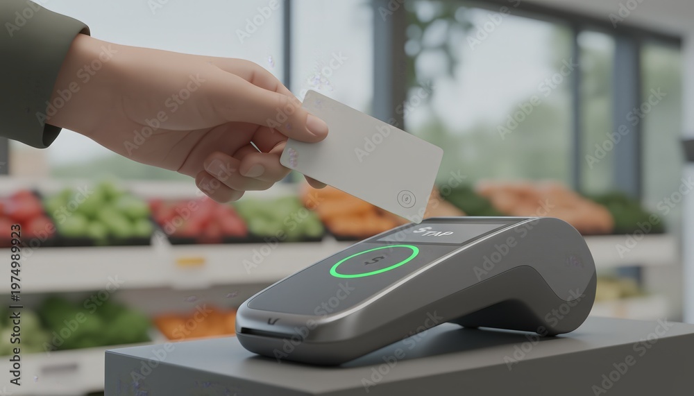 Fototapeta premium Hand holding an blank unbranded credit card, making a contactless payment at a modern point of sale terminal in a retail store, showing the convenience of tap to pay technology